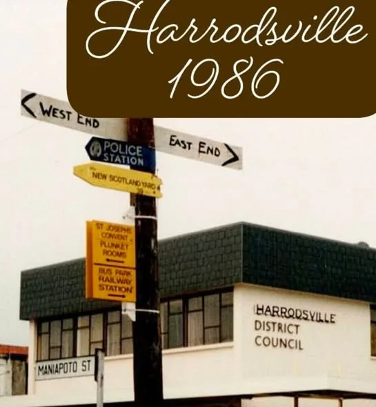 Harrodsville District Council sign, Otorohanga 1986